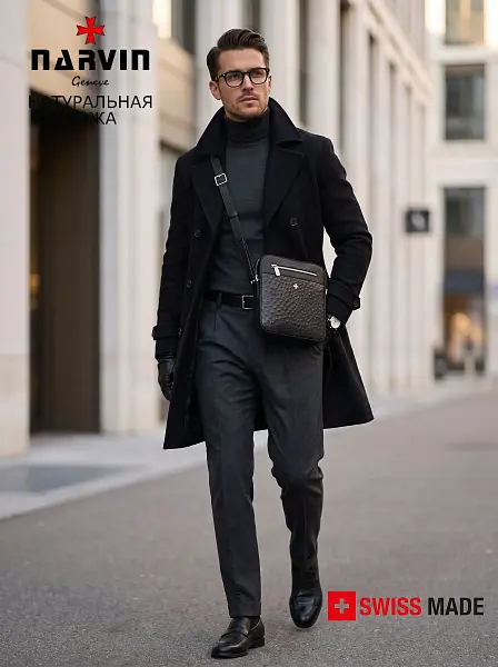 Сумка мужская из натуральной кожи NARVIN 9483-Ostrich Black Vasheron, Артикул: 9483-Ostrich Black фото №1