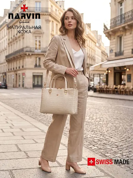 Сумка женская из натуральной кожи NARVIN 9804-Croco Beige Vasheron, Артикул: 9804-Croco Beige фото №1